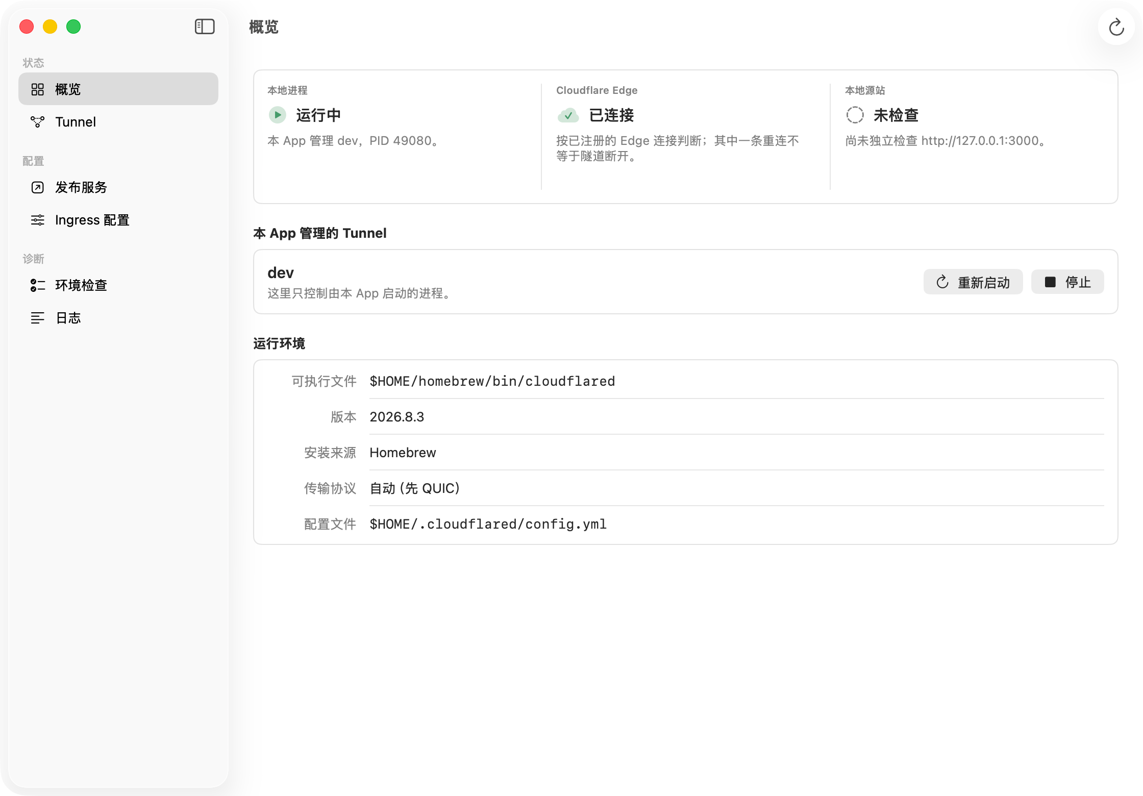 Tunnelful 主窗口：左侧按状态、配置与诊断分组，右侧概览本地进程、Cloudflare Edge、源站与运行环境。